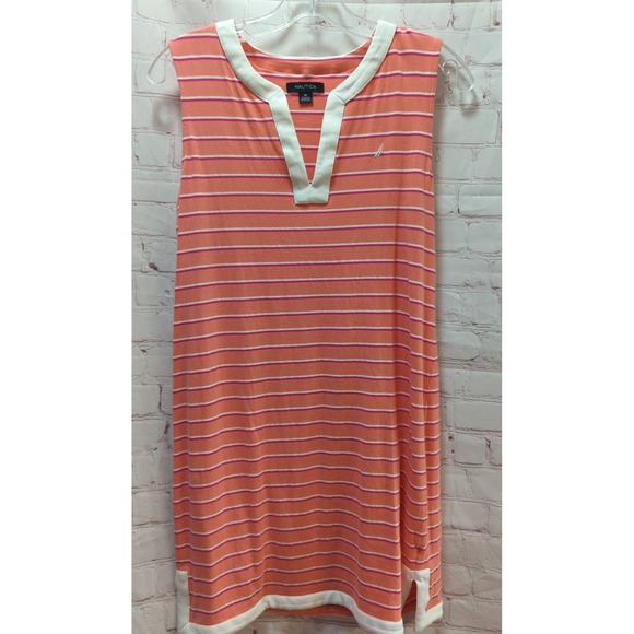 Nautica Dresses & Skirts - Nautica Women's Summer dress sleeveless M medium Coral Pink White Striped vneck